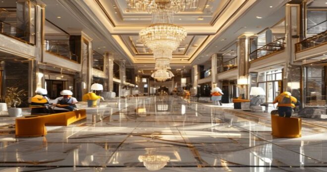 Photorealistic image of a luxury hotel lobby being renovated, with workers in hard hats and blueprints, elegant chandeliers and marble floors, modern and upscale atmosphere.