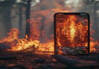 A photorealistic image of a wildfire in a forested area, with flames and smoke rising, and a smartphone screen showing a video being downloaded, in a safe and controlled manner.