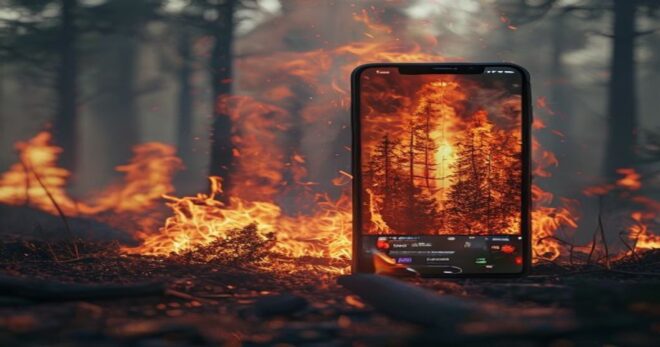 A photorealistic image of a wildfire in a forested area, with flames and smoke rising, and a smartphone screen showing a video being downloaded, in a safe and controlled manner.