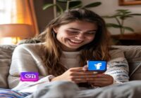 A modern living room with a young woman sitting on a sofa, smiling while looking at her smartphone. On the phone screen, visible social media icons like Instagram and Facebook, with a 'Buy Now' button