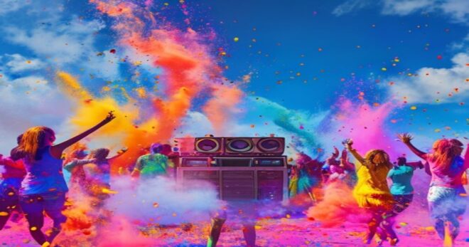 A vibrant Holi festival scene with people throwing colorful powders in the air, dancing to music under a bright blue sky. In the background, a DJ booth with speakers. Photorealistic, high detail, fest