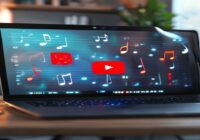 Photo-realistic image of a modern laptop screen showing a YouTube video being converted to MP3, with a download progress bar and music notes floating around. Clean, well-lit desk setup with headphones