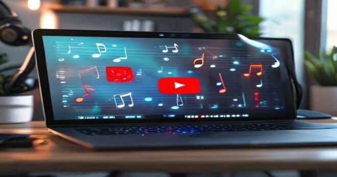 Photo-realistic image of a modern laptop screen showing a YouTube video being converted to MP3, with a download progress bar and music notes floating around. Clean, well-lit desk setup with headphones