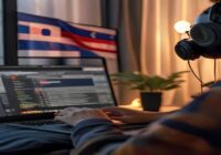 A photorealistic image of a person using a laptop with a music converter website open, headphones on, and a national flag visible in the background. The screen shows a conversion interface with a down