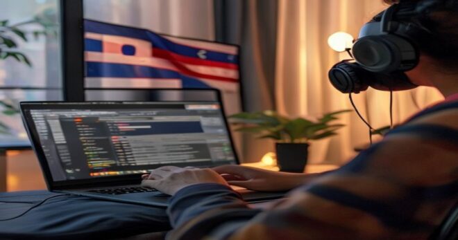 A photorealistic image of a person using a laptop with a music converter website open, headphones on, and a national flag visible in the background. The screen shows a conversion interface with a down