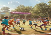 A photorealistic image of a sunny school sports field with children from different schools playing soccer and basketball together, wearing colorful jerseys, laughing and high-fiving, with a banner rea
