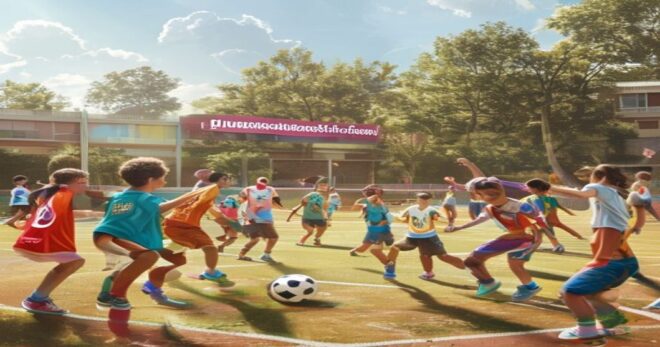 A photorealistic image of a sunny school sports field with children from different schools playing soccer and basketball together, wearing colorful jerseys, laughing and high-fiving, with a banner rea