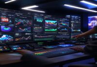 A photorealistic image of a modern TV control room with multiple screens showing social media feeds, video editing software, and a live stream. A producer is pointing at a screen displaying a graph of