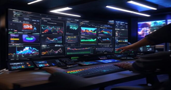 A photorealistic image of a modern TV control room with multiple screens showing social media feeds, video editing software, and a live stream. A producer is pointing at a screen displaying a graph of