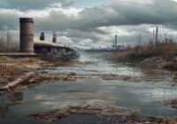 Photorealistic image of a polluted river with industrial pipes discharging murky water, surrounded by dry vegetation, under a cloudy sky. No text or logos.
