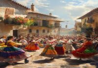A photorealistic image of a traditional folk dance performance in a Spanish town square, with dancers in colorful regional costumes, musicians playing traditional instruments, and an audience watching