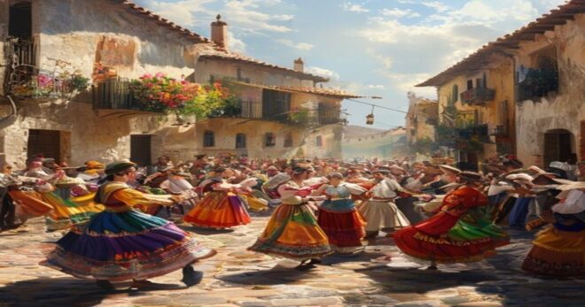 A photorealistic image of a traditional folk dance performance in a Spanish town square, with dancers in colorful regional costumes, musicians playing traditional instruments, and an audience watching