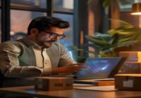 A photorealistic image of a small business owner in Mexico City using a laptop with a glowing AI assistant interface named Lumi, surrounded by product boxes and a warm, modern office setting.