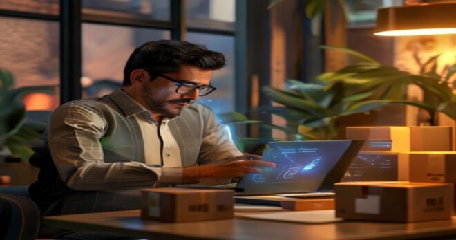 A photorealistic image of a small business owner in Mexico City using a laptop with a glowing AI assistant interface named Lumi, surrounded by product boxes and a warm, modern office setting.