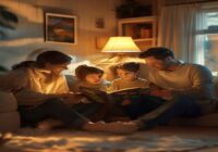 A photorealistic image of a family sitting together in a cozy living room, parents talking with each other while a child reads a physical book, no screens visible, warm lighting, happy atmosphere.