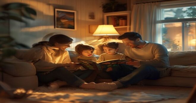 A photorealistic image of a family sitting together in a cozy living room, parents talking with each other while a child reads a physical book, no screens visible, warm lighting, happy atmosphere.
