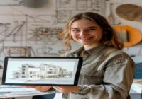 A young female architect in a modern studio, smiling while holding a tablet showing a 3D building model. The background has drafting tools and a mood board with architectural sketches. Natural lightin
