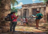 A photorealistic image of a tourist in Mexico being approached by a suspicious person offering tour services, with a background of ancient ruins. The tourist looks wary, checking their phone. Natural