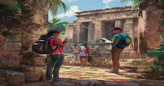 A photorealistic image of a tourist in Mexico being approached by a suspicious person offering tour services, with a background of ancient ruins. The tourist looks wary, checking their phone. Natural