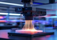 A professional 3D printer, like the Bambu Lab X1, printing a complex object in a modern lab setting, with a subtle overlay of open source code symbols or license icons in the background.