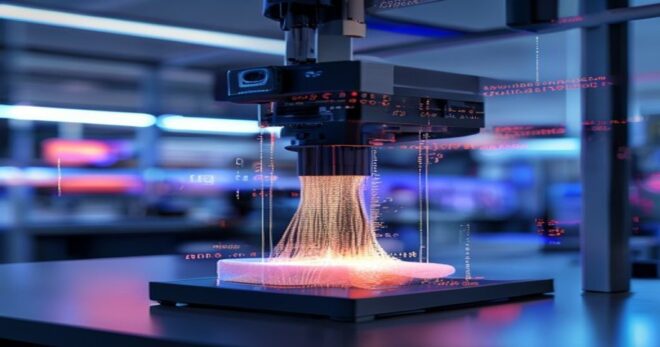 A professional 3D printer, like the Bambu Lab X1, printing a complex object in a modern lab setting, with a subtle overlay of open source code symbols or license icons in the background.
