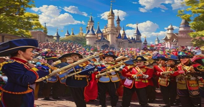 A photorealistic image of a Spanish brass band in colorful traditional uniforms playing in front of Sleeping Beauty Castle at Disneyland Paris, with a crowd of happy tourists watching, sunny day, vibr