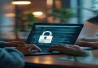 A person sitting at a desk using a laptop with a padlock icon overlaid on a bank statement, symbolizing financial privacy. Photorealistic, well-lit, modern office setting.