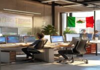 A modern office in Mexico City with developers working on computers, whiteboard with code, and Mexican flag in background, photorealistic, bright natural lighting