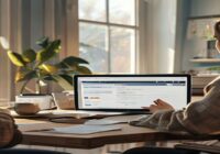 A person sitting at a desk in a home office, looking at a laptop screen displaying the ARCA website with a receipt of salary form. The room is tidy, with a cup of coffee and a notebook. Photorealistic