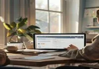 A person sitting at a desk in a home office, looking at a laptop screen displaying the ARCA website with a receipt of salary form. The room is tidy, with a cup of coffee and a notebook. Photorealistic