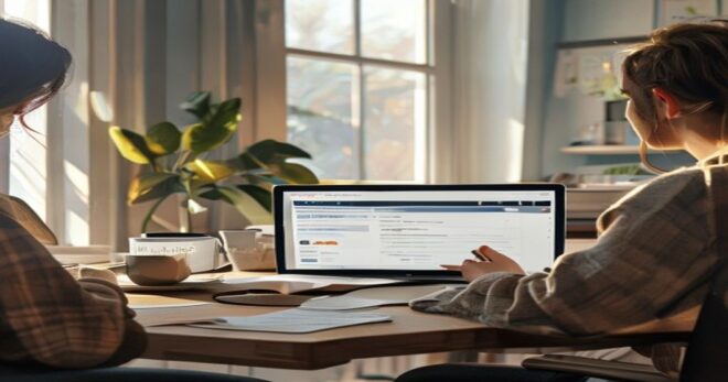 A person sitting at a desk in a home office, looking at a laptop screen displaying the ARCA website with a receipt of salary form. The room is tidy, with a cup of coffee and a notebook. Photorealistic
