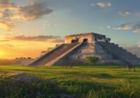 Photorealistic wide shot of Chichén Itzá's El Castillo pyramid at sunrise with few tourists, clear sky, vibrant green grass, no text or logos.