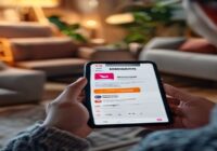 A photorealistic image of a person using a smartphone with Gmail open, showing a promotional email with a 'Buy now with AI' button. The background is a cozy living room with soft lighting. The screen