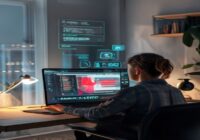 A photorealistic image of a person sitting at a desk with a laptop, watching a YouTube tutorial video with a split-screen showing AI-generated text highlights and timestamp markers. The scene is well-