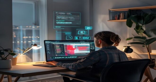 A photorealistic image of a person sitting at a desk with a laptop, watching a YouTube tutorial video with a split-screen showing AI-generated text highlights and timestamp markers. The scene is well-