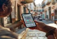 A photorealistic image of a person holding a smartphone displaying a QR code for a discount bono, with a small shop in the background. The screen shows the bono details and a social media icon. Natura