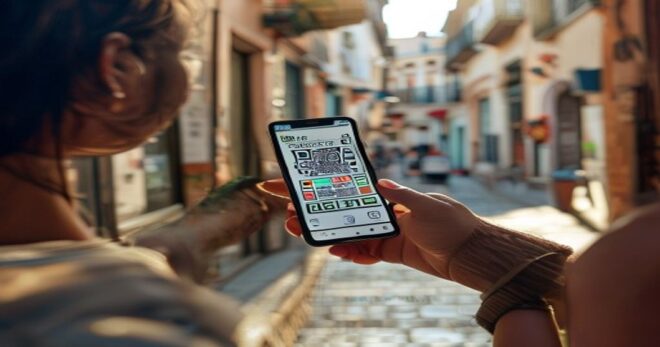 A photorealistic image of a person holding a smartphone displaying a QR code for a discount bono, with a small shop in the background. The screen shows the bono details and a social media icon. Natura