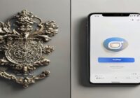 A photorealistic image showing a split screen comparison: on the left, a traditional coat of arms or logo with intricate details and serif typography; on the right, a modern, simplified version of the