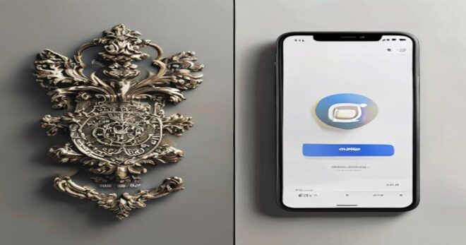 A photorealistic image showing a split screen comparison: on the left, a traditional coat of arms or logo with intricate details and serif typography; on the right, a modern, simplified version of the