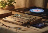 A nostalgic still life of a vintage MP3 player next to a vinyl record and a sewing needle, with a smartphone showing a streaming app in the background, soft lighting, photorealistic style.