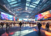 Photorealistic wide-angle view of a modern airport terminal with large LED screens displaying dynamic advertisements, passengers walking, and natural light from glass roof. High detail, sharp focus, v