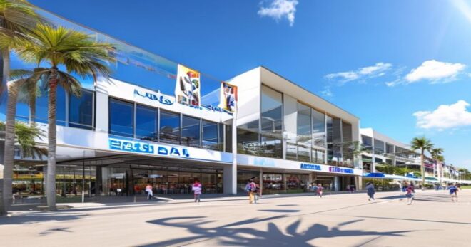Photorealistic wide shot of the Palau Municipal d'Esports in Badalona, Spain, exterior view with modern architecture, clear blue sky, banners of ACB Supercopa hanging from the facade, people entering