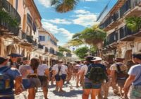 A professional tour guide leading a group of tourists through a historic street in San Juan, Argentina, with colonial architecture in the background, sunny day, photorealistic, high detail.