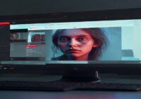 A photorealistic image of a computer screen showing YouTube's upload page with a new 'AI-generated content' toggle switch highlighted in red, next to a video thumbnail that appears slightly surreal, l