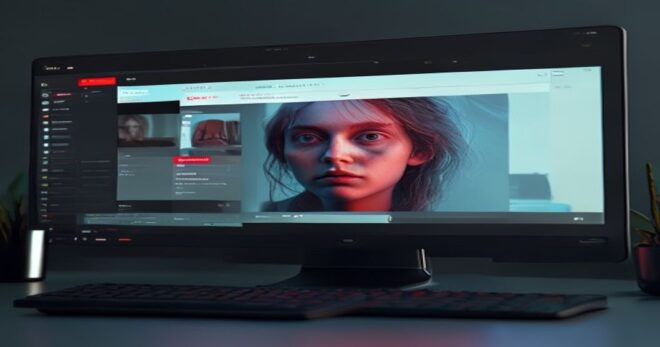 A photorealistic image of a computer screen showing YouTube's upload page with a new 'AI-generated content' toggle switch highlighted in red, next to a video thumbnail that appears slightly surreal, l