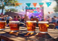 A vibrant outdoor festival scene with a crowd of people enjoying craft beer and live music. In the foreground, a wooden table holds several glasses of different colored craft beers (IPA, stout, sour)