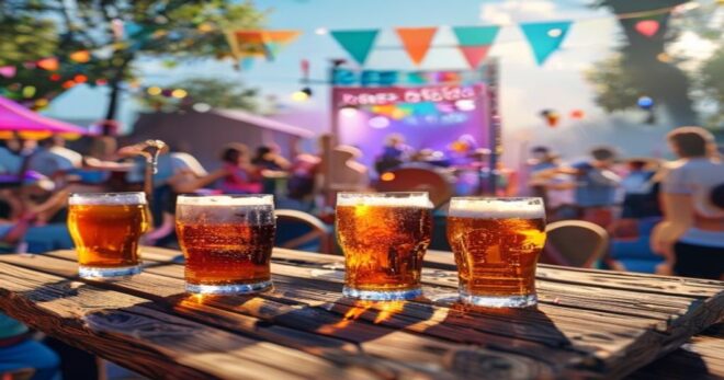 A vibrant outdoor festival scene with a crowd of people enjoying craft beer and live music. In the foreground, a wooden table holds several glasses of different colored craft beers (IPA, stout, sour)