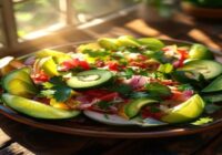 A vibrant, photorealistic overhead shot of a colorful ceviche platter on a wooden table, with fresh lime wedges, cilantro, and sliced avocado. Natural sunlight streaming from a window, shallow depth o