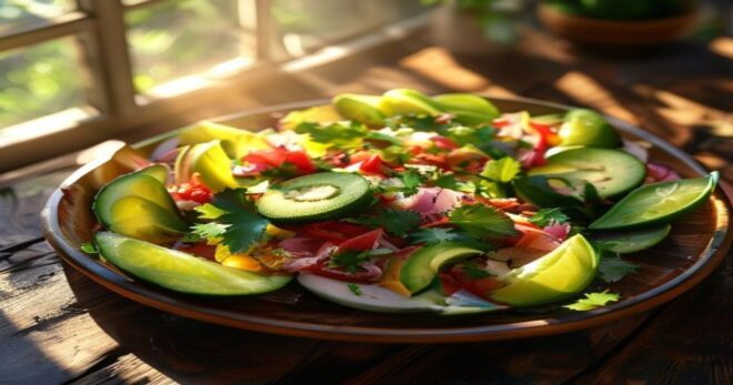 A vibrant, photorealistic overhead shot of a colorful ceviche platter on a wooden table, with fresh lime wedges, cilantro, and sliced avocado. Natural sunlight streaming from a window, shallow depth o