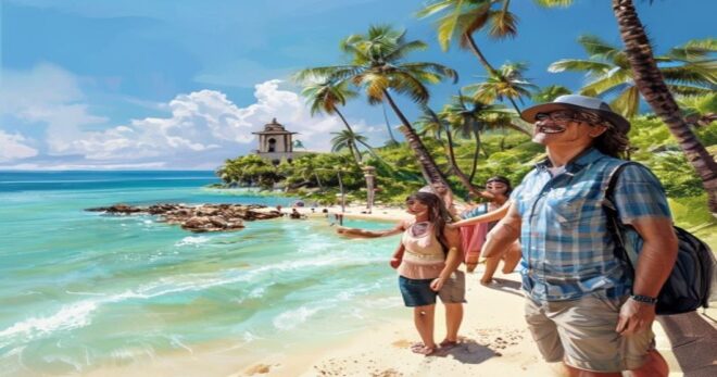 A photorealistic image of a happy tour guide leading a small group of tourists along a sunny beach in Zihuatanejo, with palm trees and turquoise water in the background. The guide is pointing towards